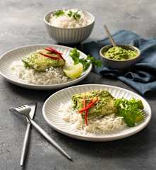 Steamed spiced fish with coconut rice