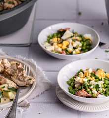 Salade de petits pois au jambon et aux œufs - Poulet aux légumes et sauce moutarde