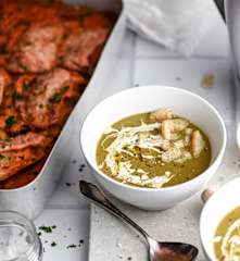 Gratin de fenouil - Soupe de salade verte et croûtons