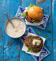 Moroccan lamb burgers with harissa yoghurt dressing